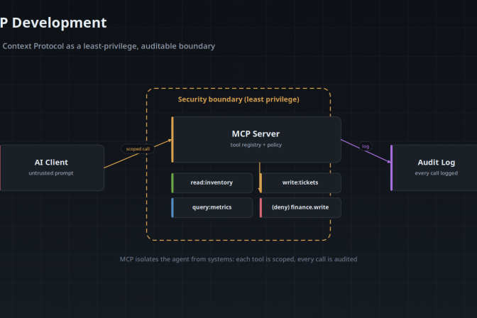 Architecture diagram: an AI client reaches business systems only through an MCP server that enforces a tool registry, per-tool least-privilege policy, and a full audit log.