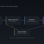 Architecture diagram: a golden test set runs against the system under test, automated evaluators score accuracy, faithfulness, and safety, and a pass or fail gate blocks regressions.