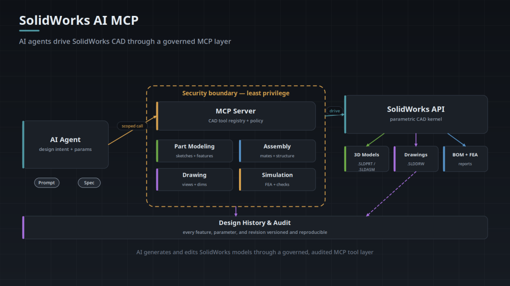 Architecture diagram: an AI agent drives SolidWorks part modeling, assembly, drawing, and simulation tools through an MCP server security boundary enforcing least privilege, with every feature and revision recorded in a versioned design history and audit.