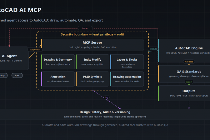 Architecture diagram: an AI agent drives AutoCAD through six scoped MCP tool clusters behind a least-privilege security boundary, executing via live COM AutoLISP or headless DXF, with geometry cleanup and CAD standards validation before export, and full audit and versioning.