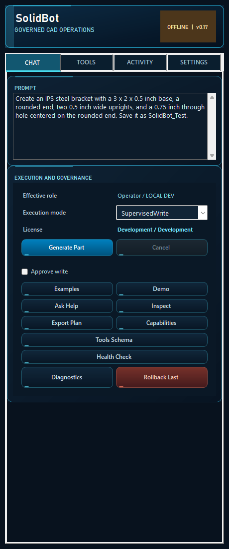 SolidBot task pane inside SOLIDWORKS